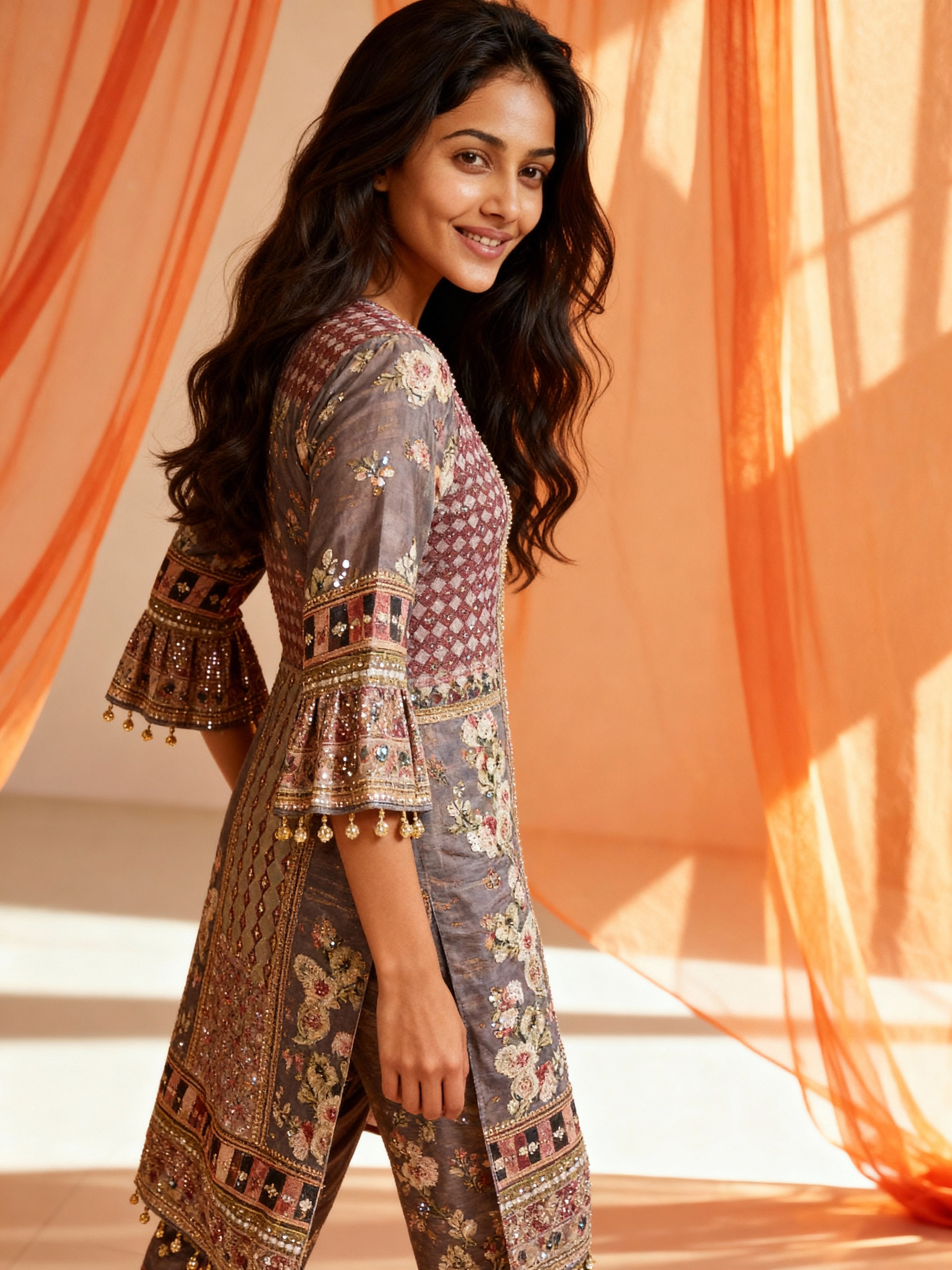 Grey & Rose Multicolor Printed Kurta Set with Mirror and Zari Embroidery