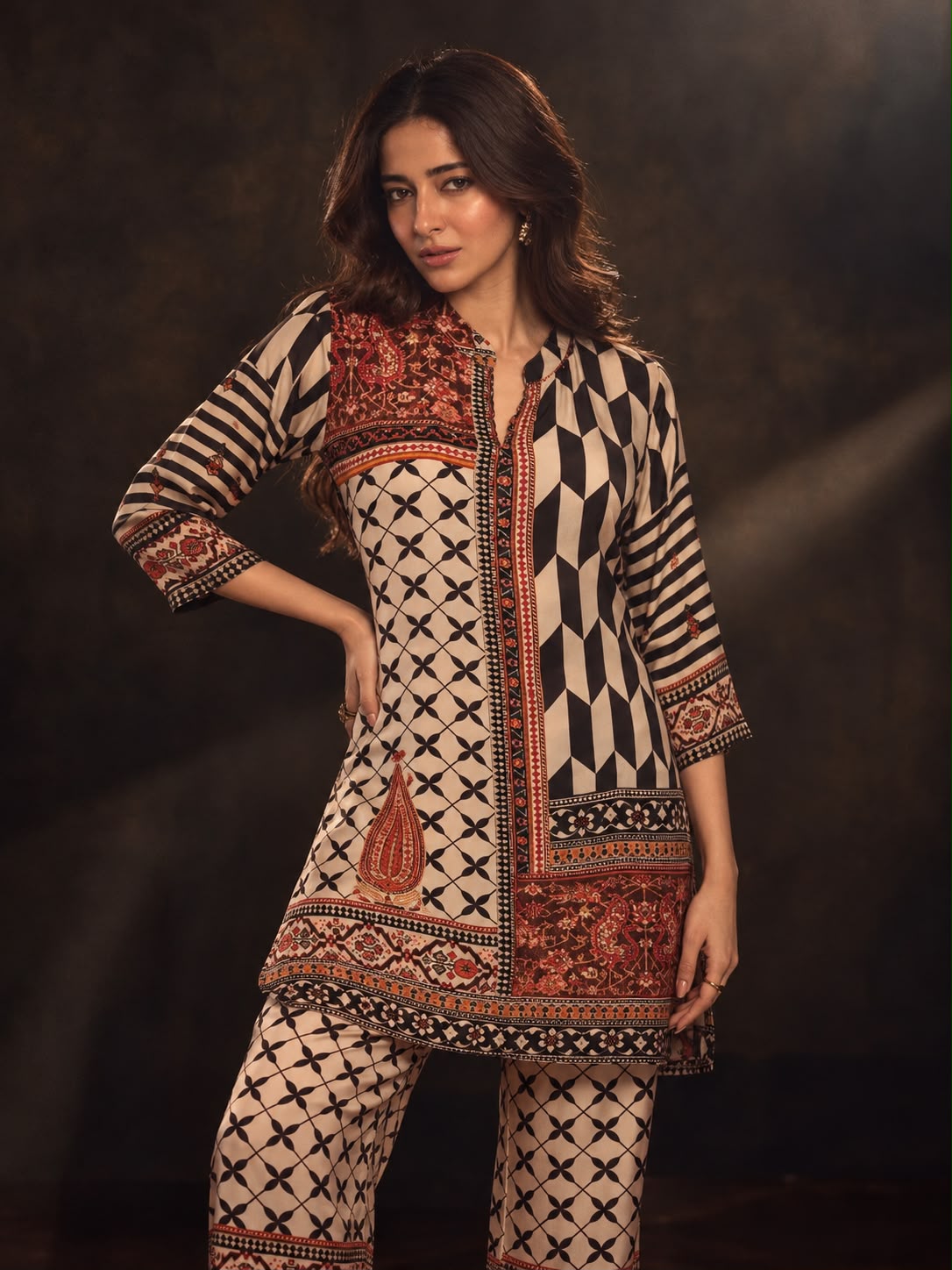 Beige Rust Printed Crepe Silk Co-Ord Set