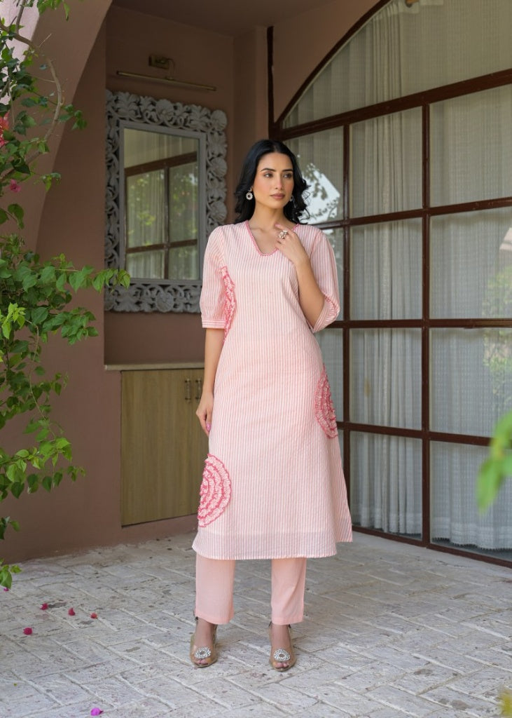 Peach & White Printed Cotton Kurta Set