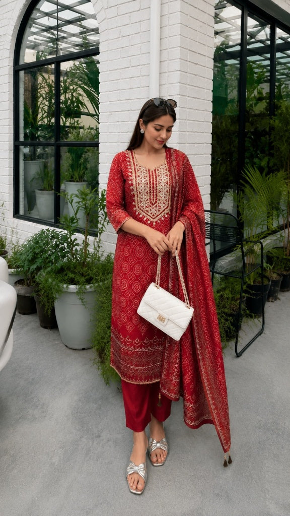 Crimson Red Gotapatti Premium Silk Pant Set