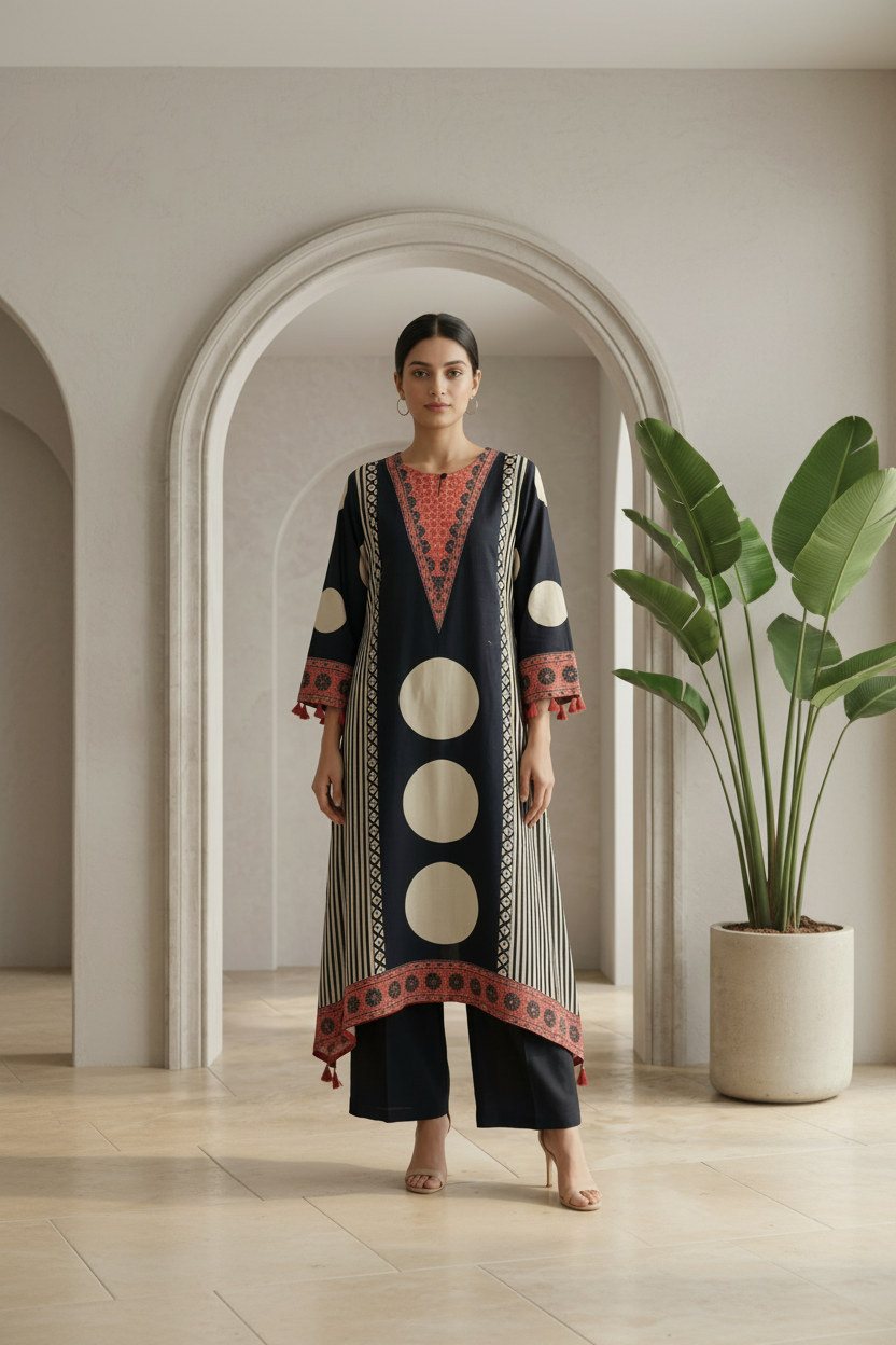 Monochrome Beige Printed Crepe Kurta Set