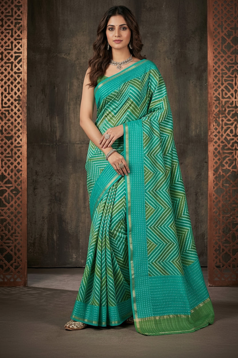 Sea Green Printed Kantha Cotton Saree