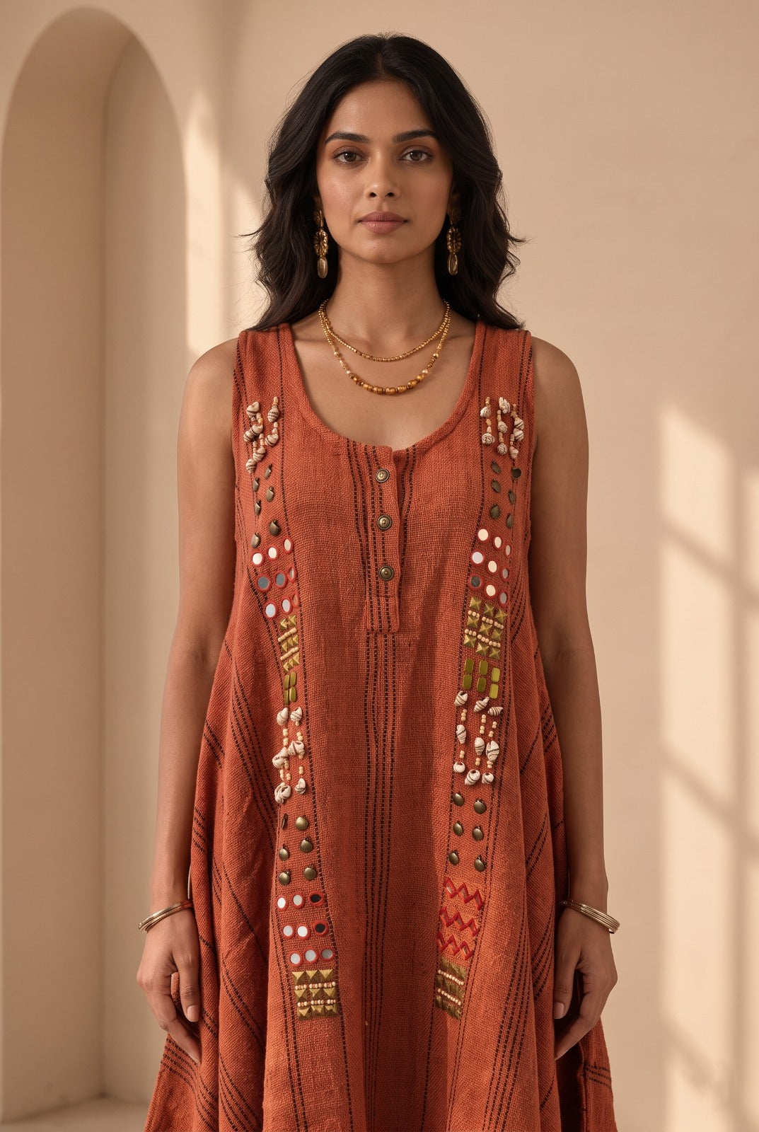Terracota Woven Cotton Tweed Midi Dres