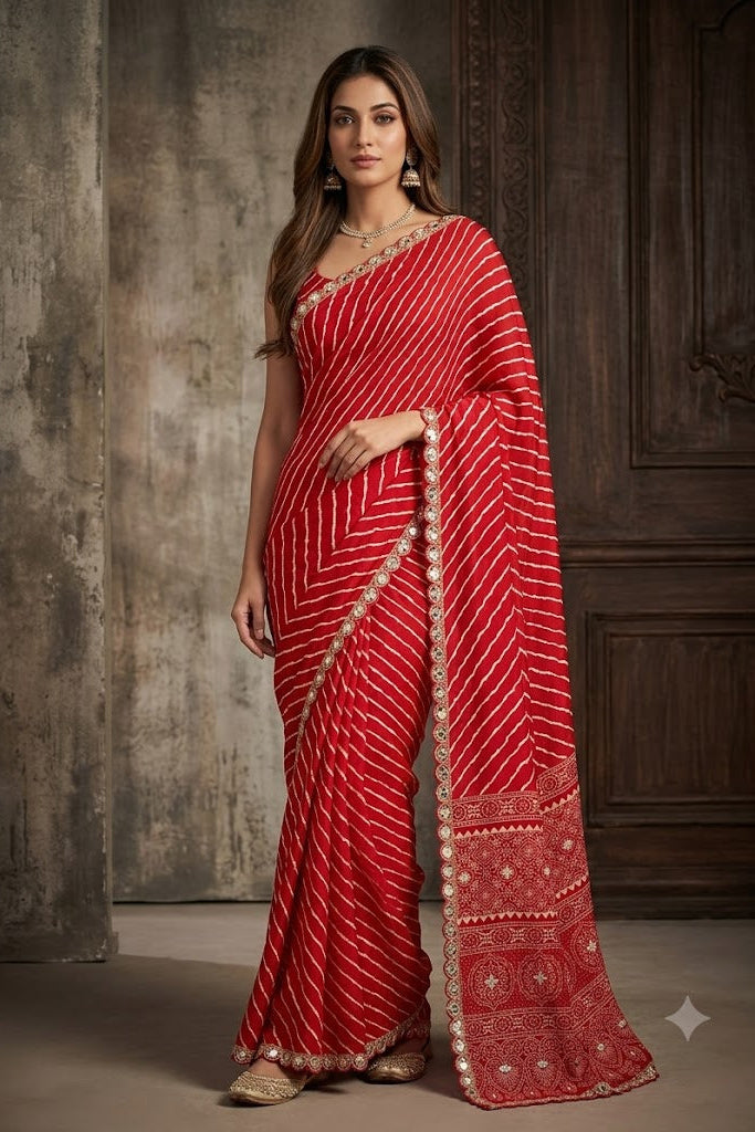 Crimson Red Leheriya Printed Modal Silk Saree