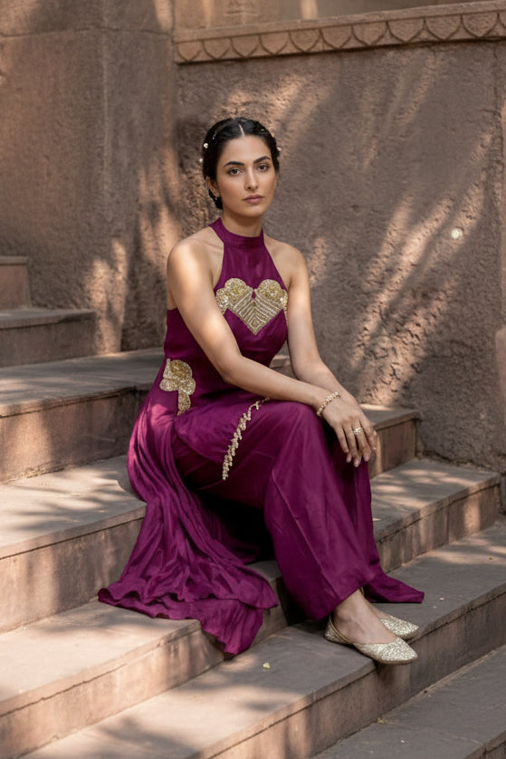 Plum Purple Embellished Raw Silk Co-Ord Set