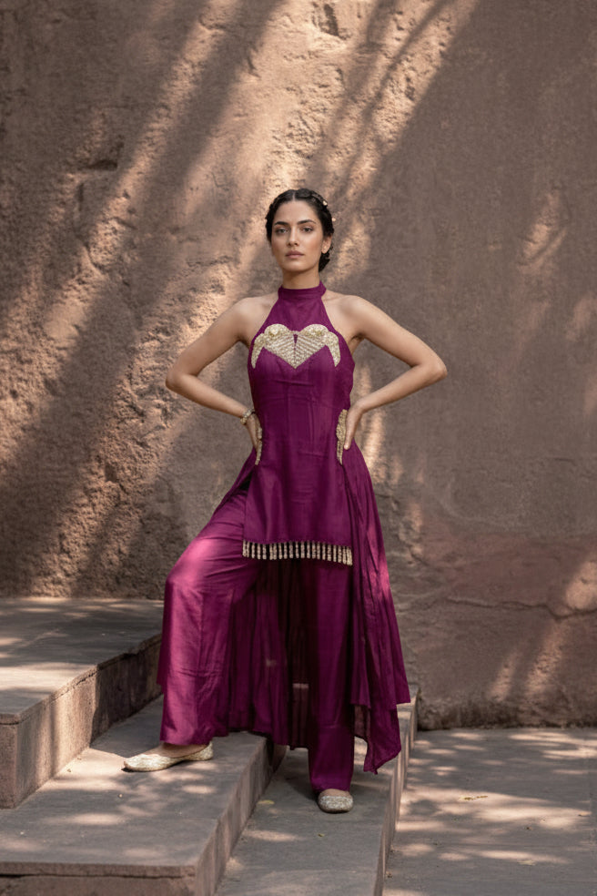 Plum Purple Embellished Raw Silk Co-Ord Set