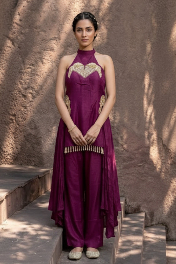 Plum Purple Embellished Raw Silk Co-Ord Set