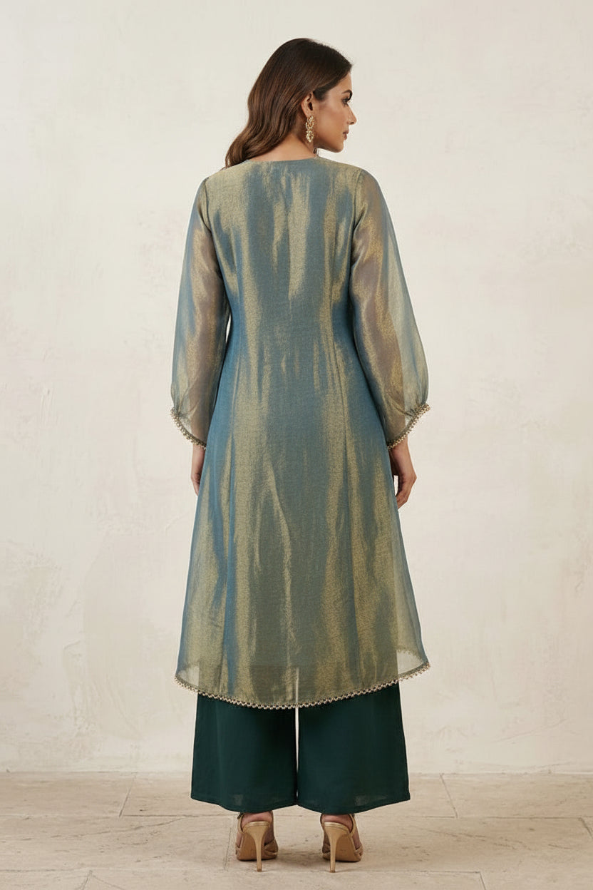Two Tone Teal Embellished Organza Silk Palazzo Set