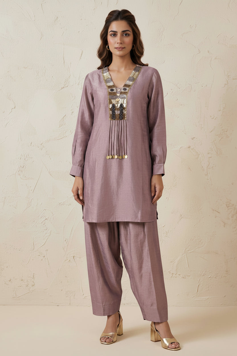 Lavender Embellished Crepe Silk Pant Set