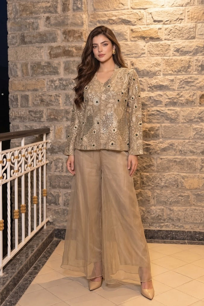 Muted Beige Embellished Shimmer Tissue Silk Co-Ord Set
