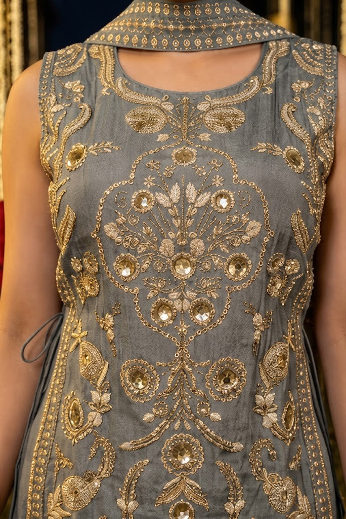 Taupe Grey Embellished Shimmer Silk Palazzo Set