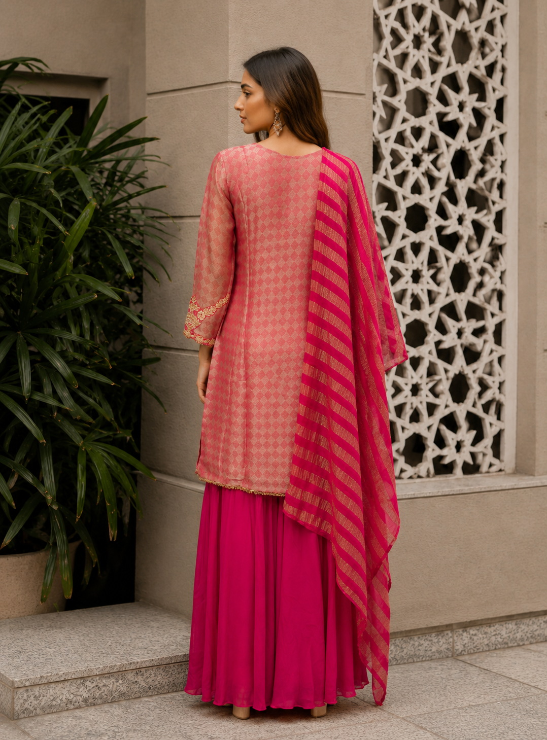 Rani Pink Embellished Shimmer Tissue Silk Palazzo Set