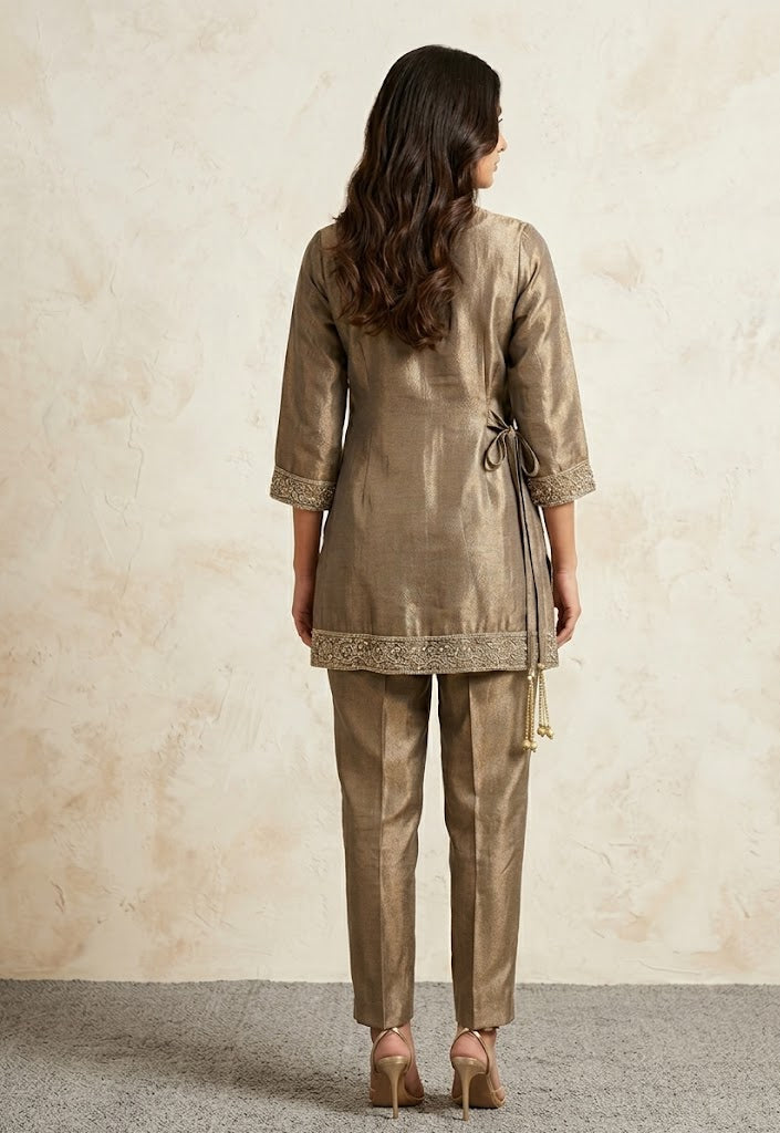 Warm Grey Embellished Shimmer Silk Co-Ord Set