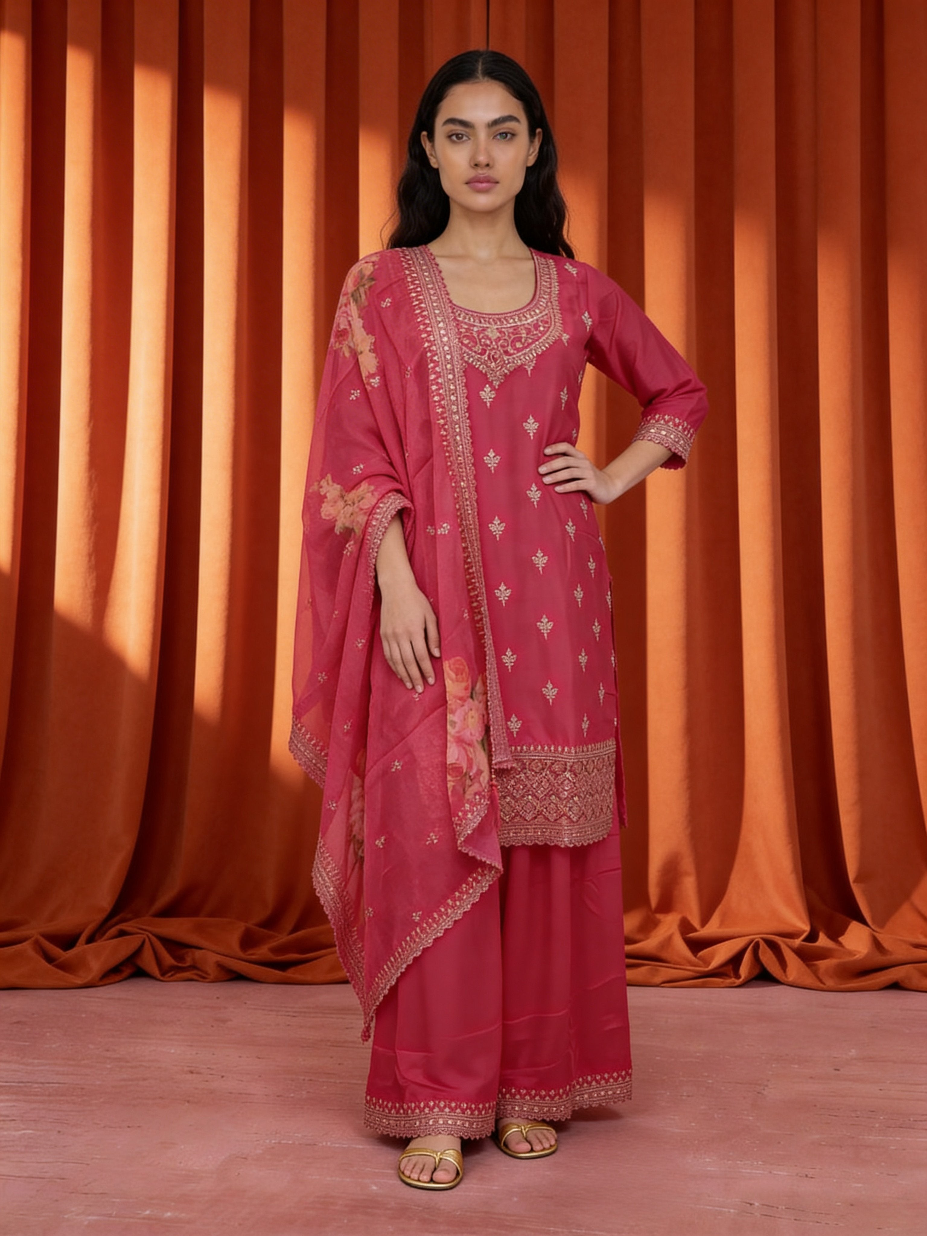 Crimson Pink Chinon Silk Palazzo Set