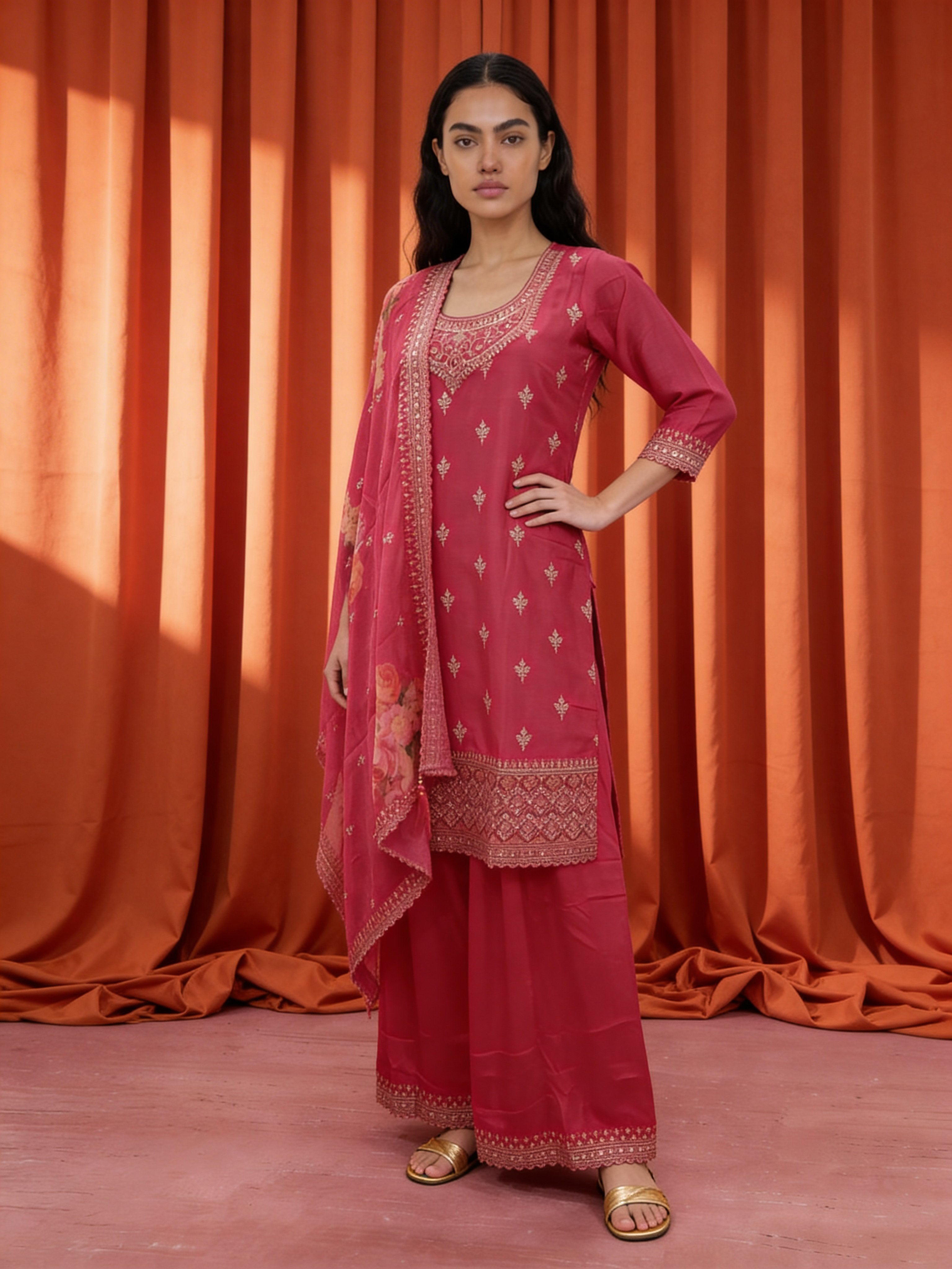 Crimson Pink Chinon Silk Palazzo Set
