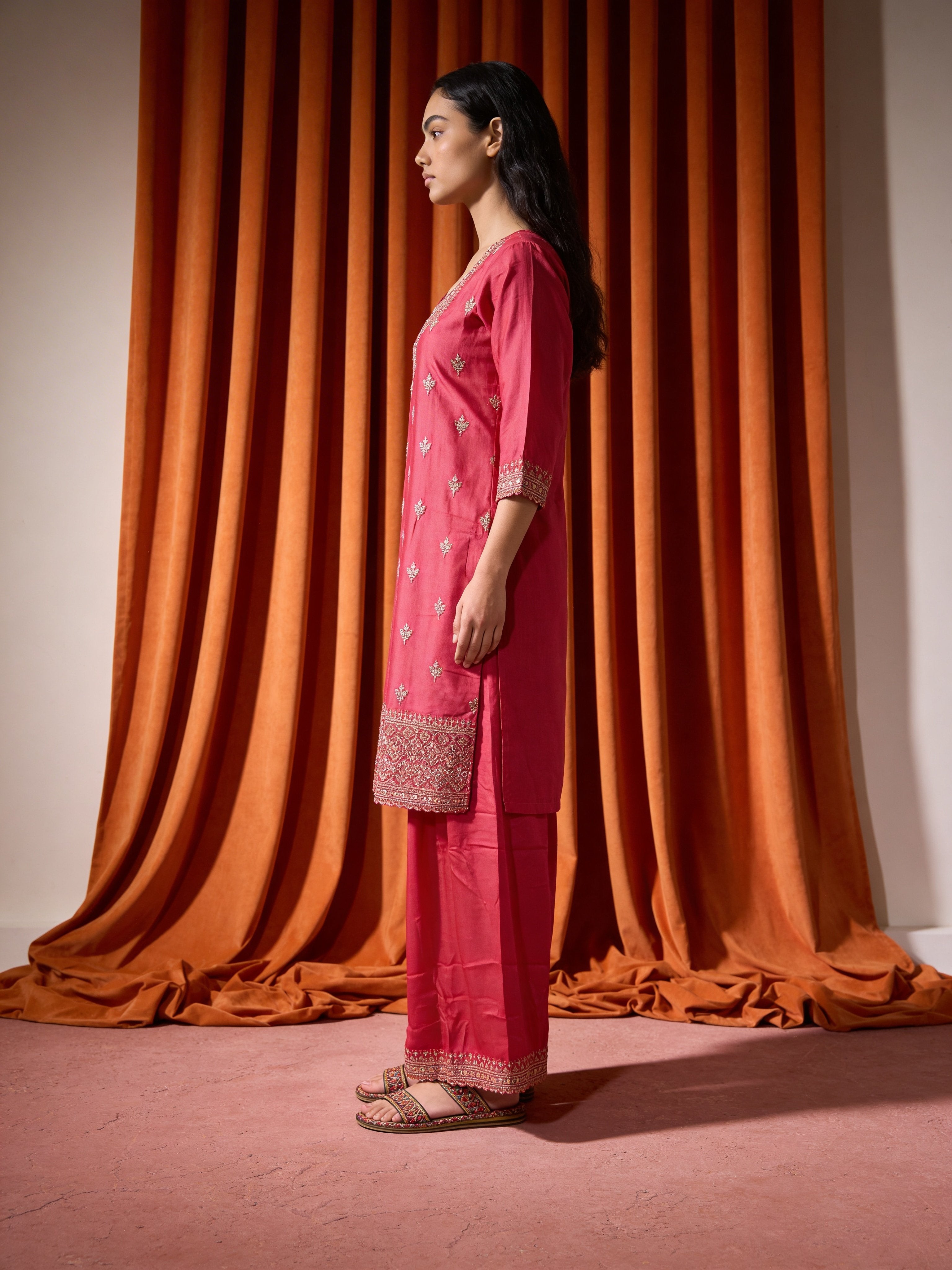 Crimson Pink Chinon Silk Palazzo Set