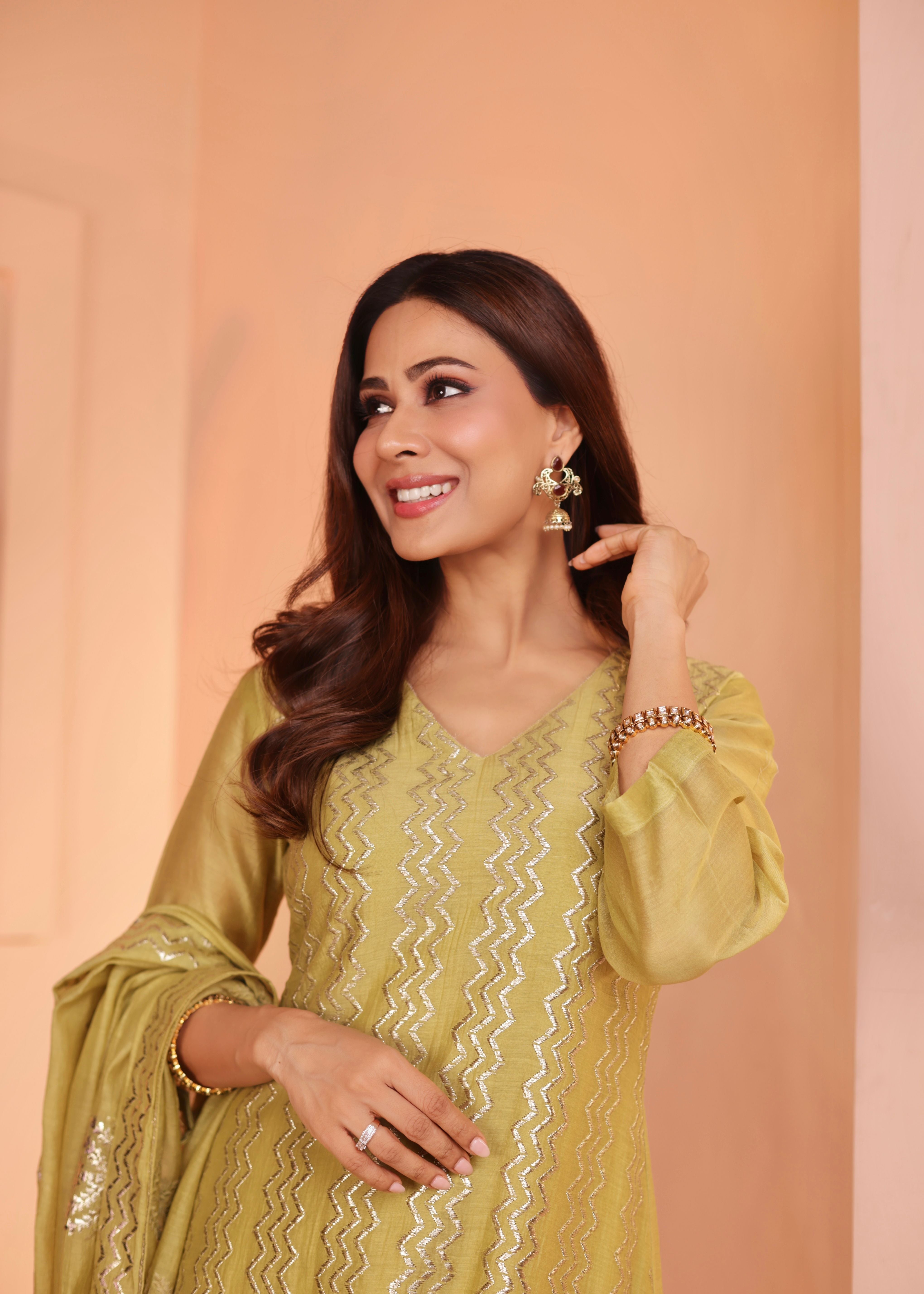 Olive Gold Embroidered Mul-Chanderi Silk Pant Set