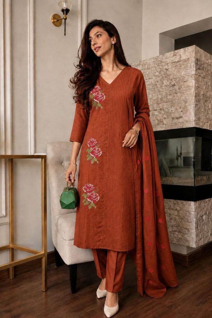 Terracotta Floral Embroidered Cotton Pant Set