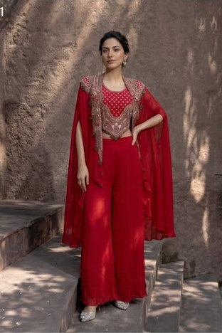 Crimson Red Embellished Chinon Silk Cape Set