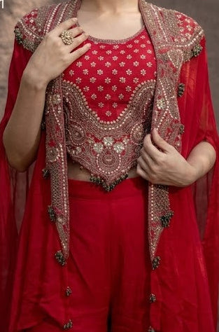 Crimson Red Embellished Chinon Silk Cape Set