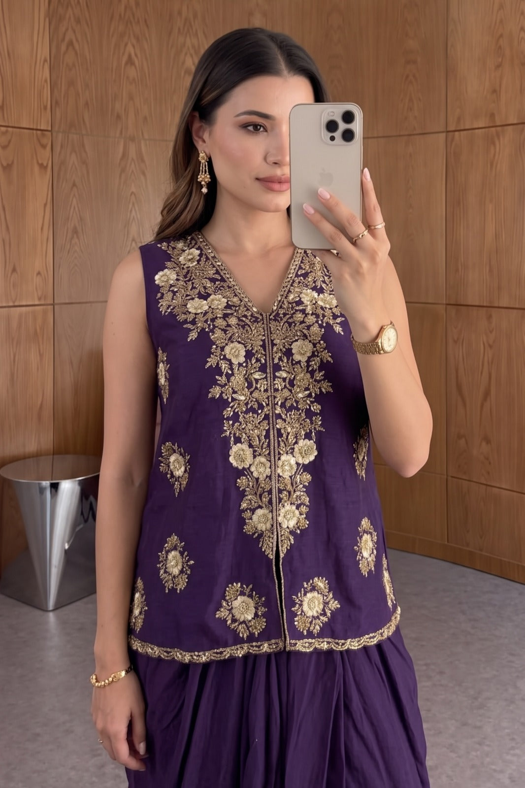 Dark Purple Embellished Satin Silk Skirt Set