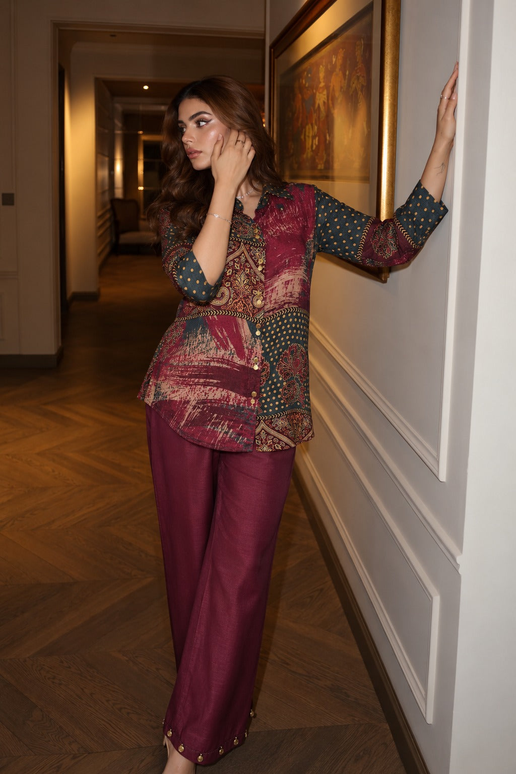 Mulberry Wine Embellished Pure Crepe Silk Co-Ord Set