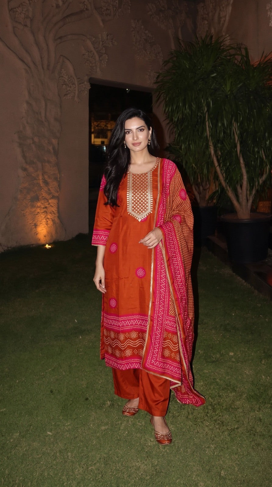 Rust Orange Embellished Crepe Silk Palazzo Set