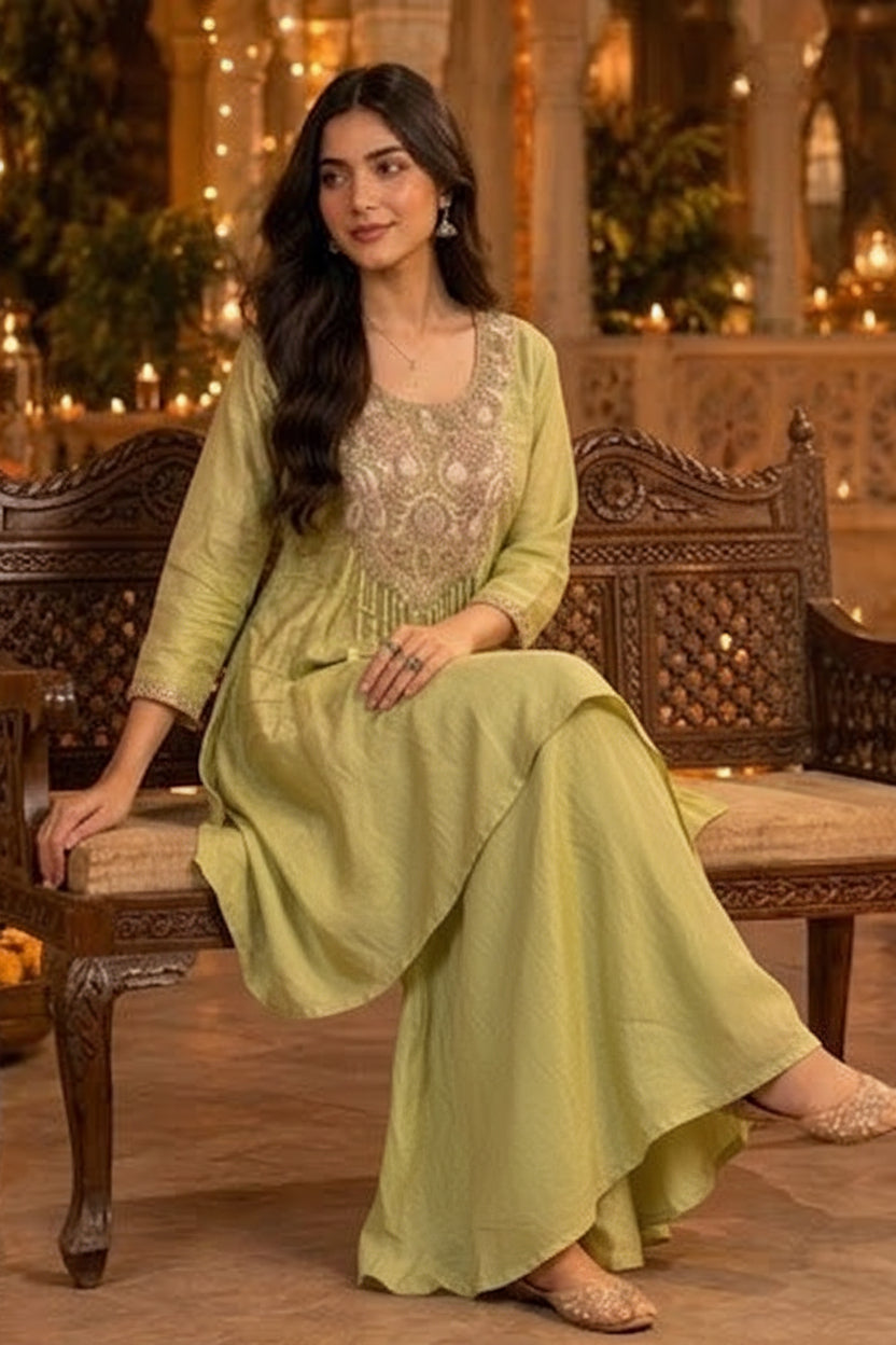 Pastel Green Embellished Shimmer Silk Palazzo Set
