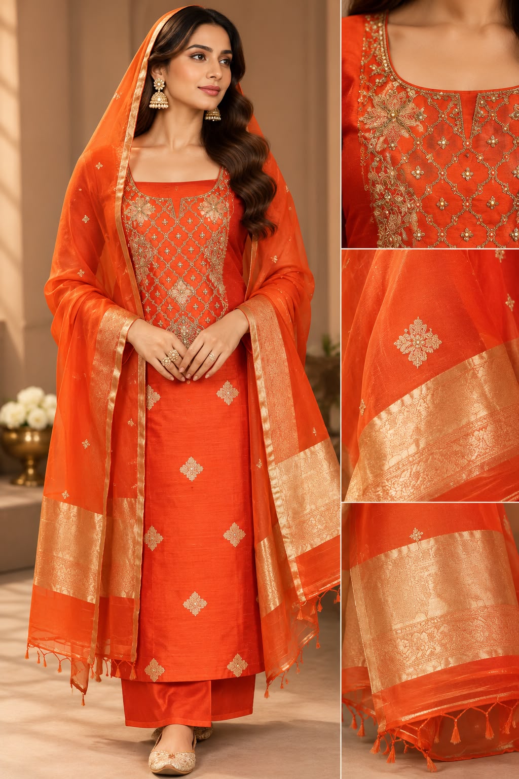 Orange Banarasi Raw Silk Unstitched Suit Set