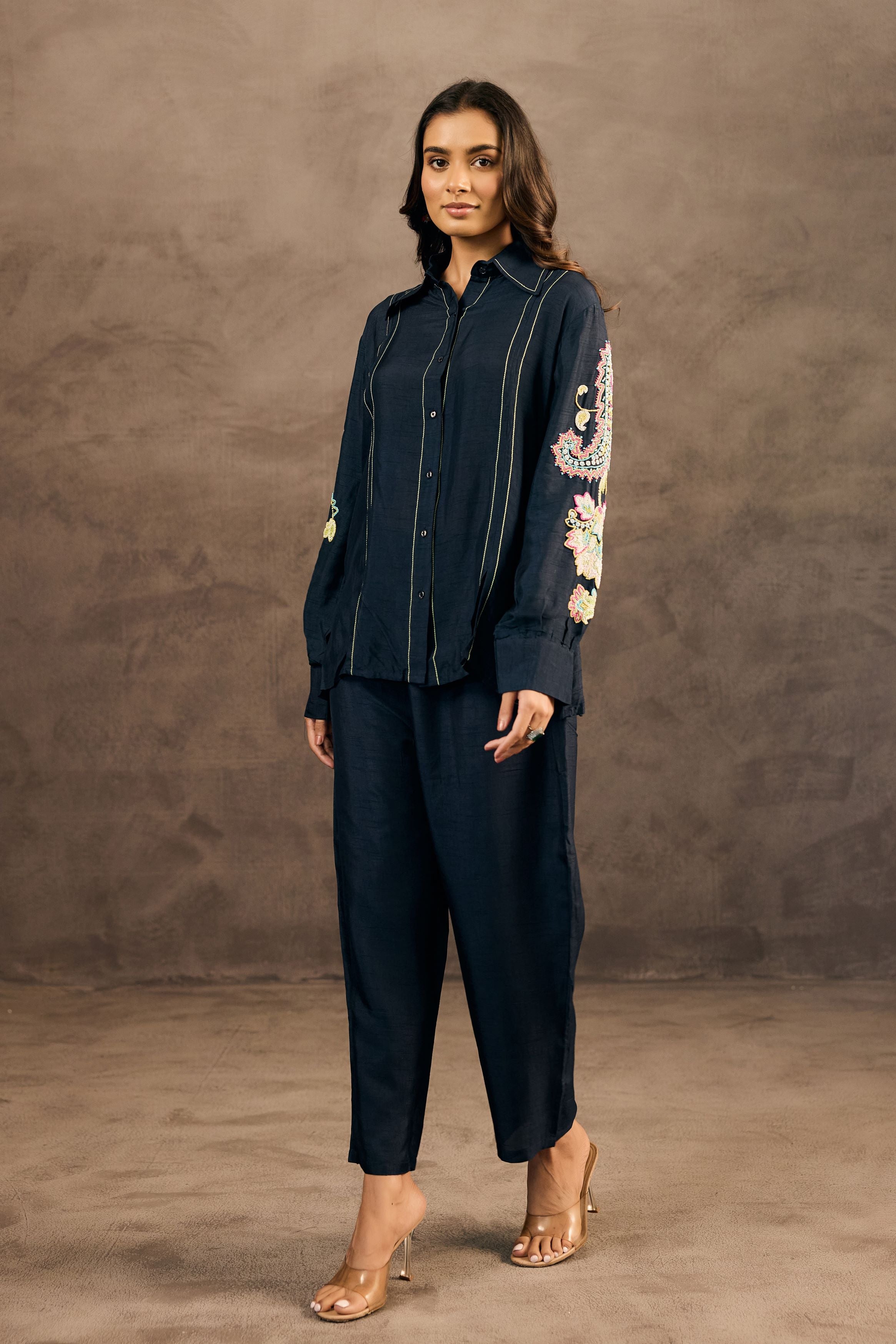Midnight Blue Embroidered Raw Silk Co-Ord Set