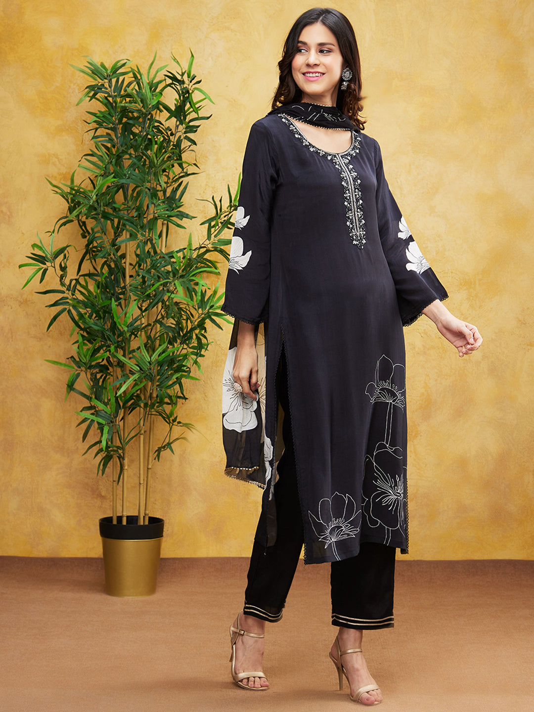 Black Floral Digital Printed Habutai Silk Pants Set