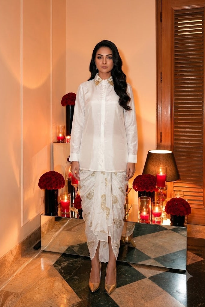Arctic White Embellished Crepe Silk Dhoti Skirt Set