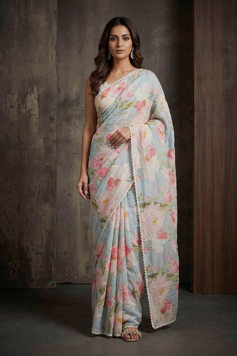 Ice Blue Embroidered Georgette Silk Saree