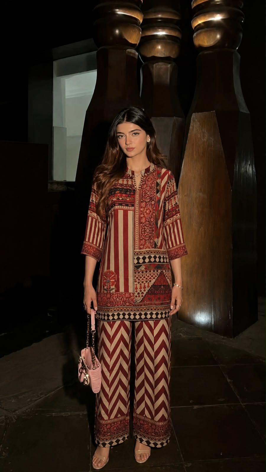Maroon Striped Printed Crepe Silk Co-Ord Set