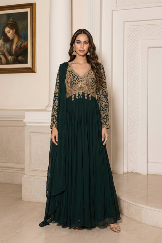 Bottle Green Embellished Georgette Silk Anarkali Set