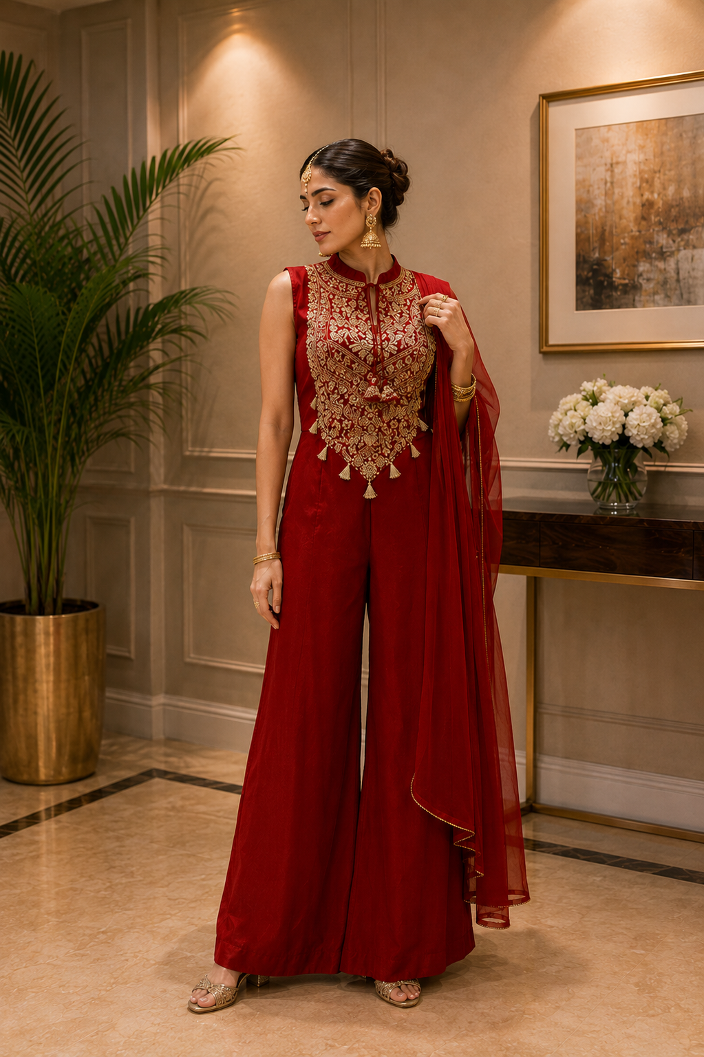 Rust Rouge Embellished Crepe Silk Palazzo Set