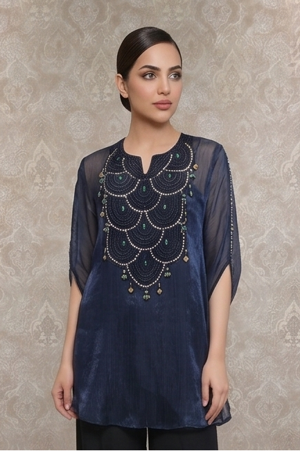 Midnight Blue Embellished Tissue Silk Palazzo Set
