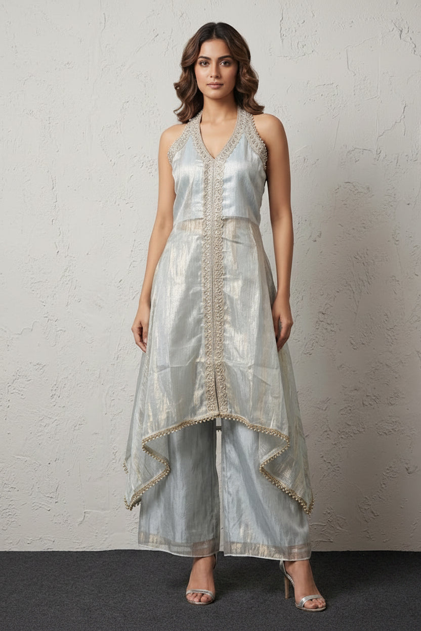 Sky Blue Embellished Shimmer Silk Co-Ord Set