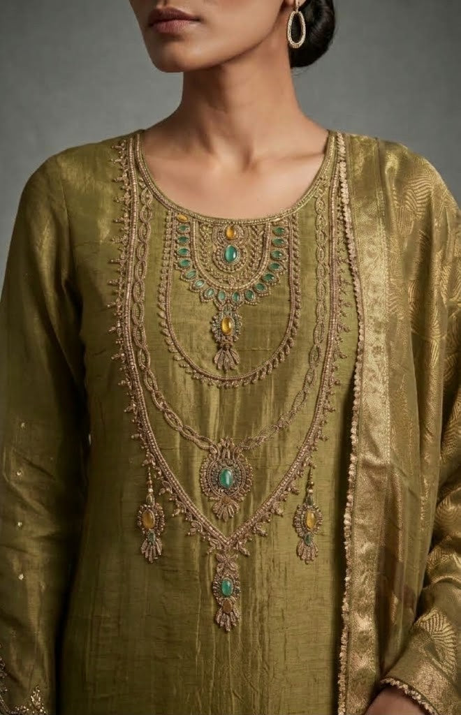 Olive Green Embellished Shimmer Tissue Silk Pant Set