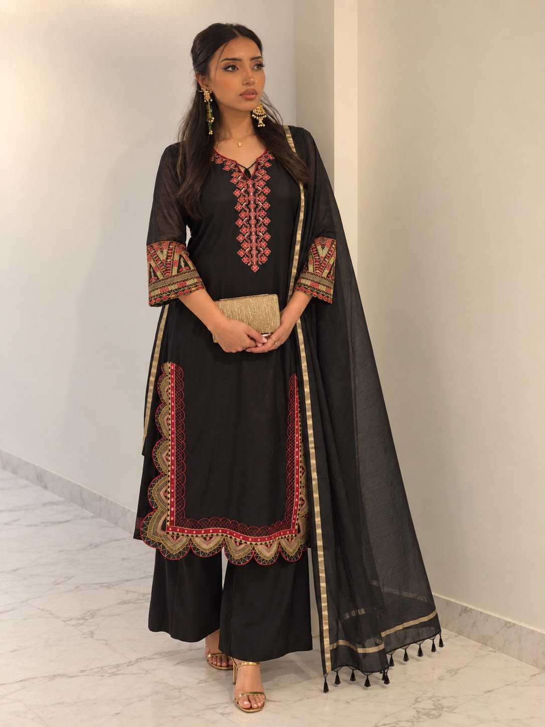 Black Embroidered Mul Chanderi Silk Pant Set