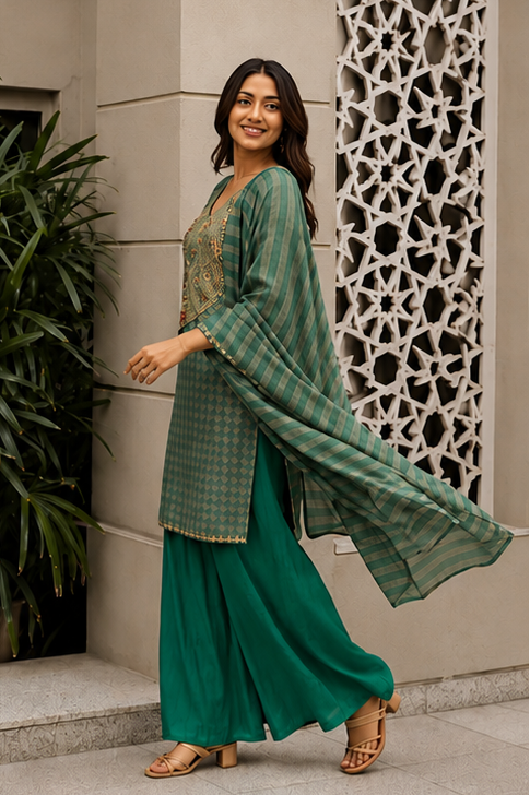 Green Muse Embellished Shimmer Tissue Silk Palazzo Set
