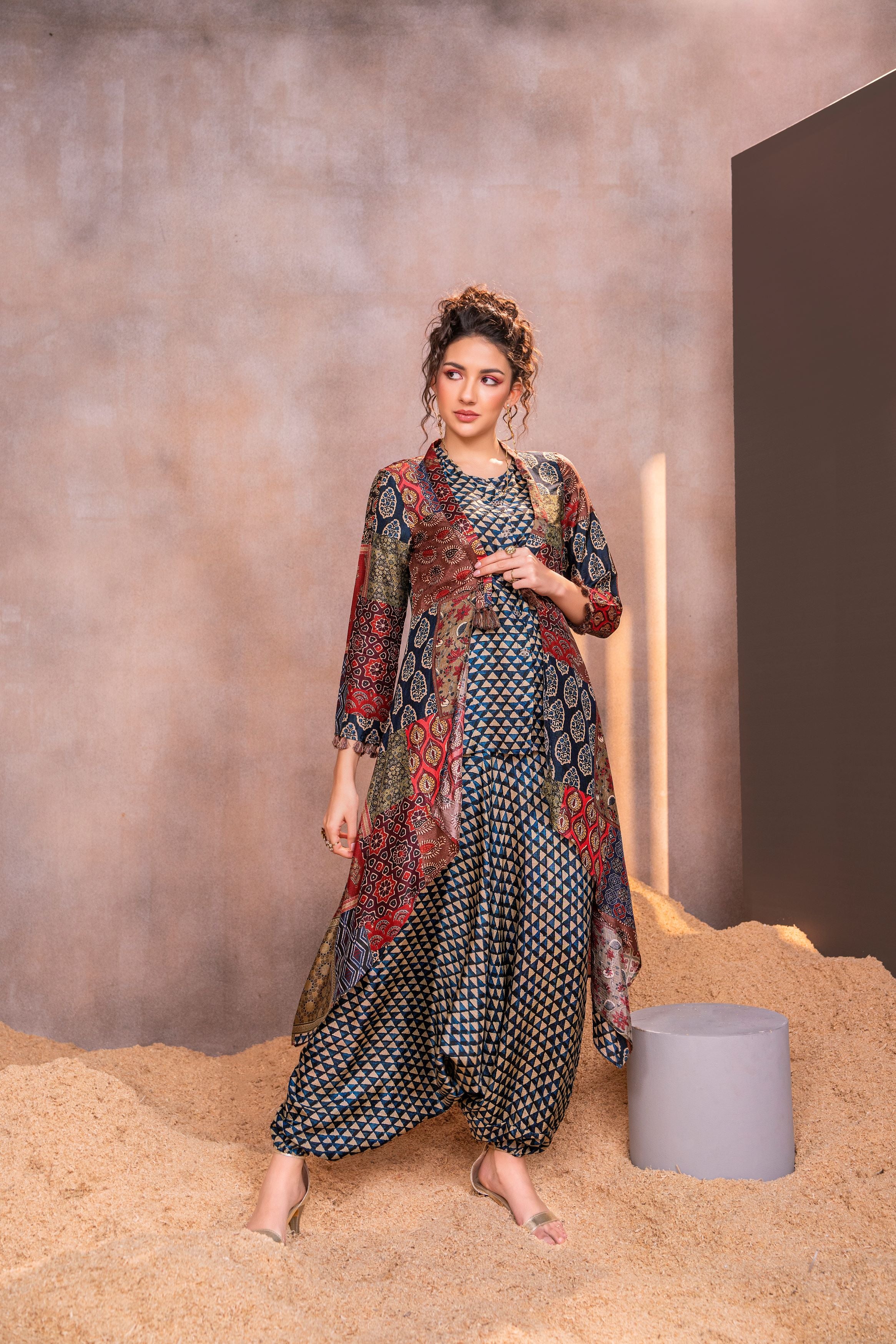 Multicolor Traditional Printed Premium Silk Cape Set