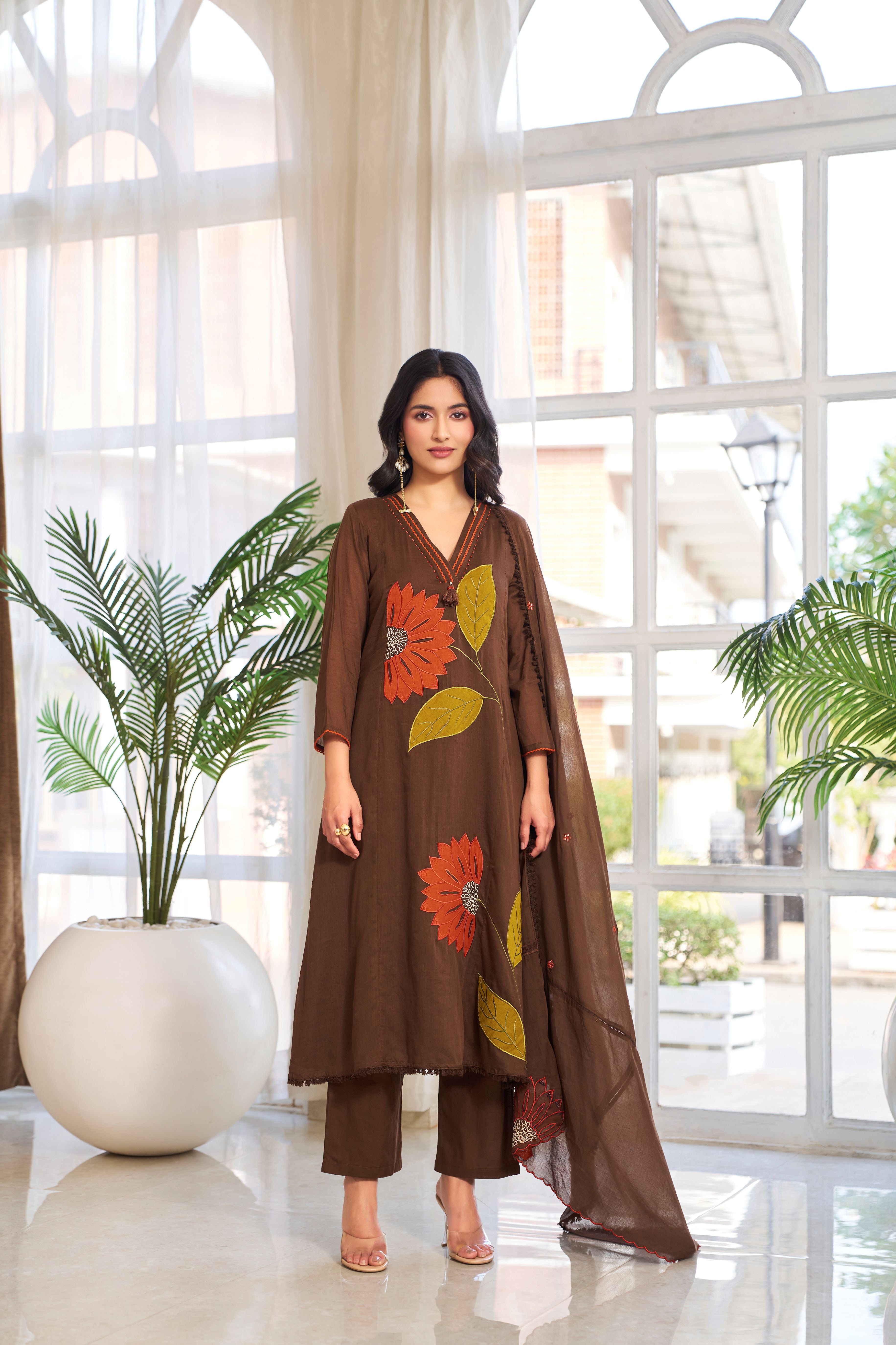 Chocolate Brown Applique Cotton Pant Set