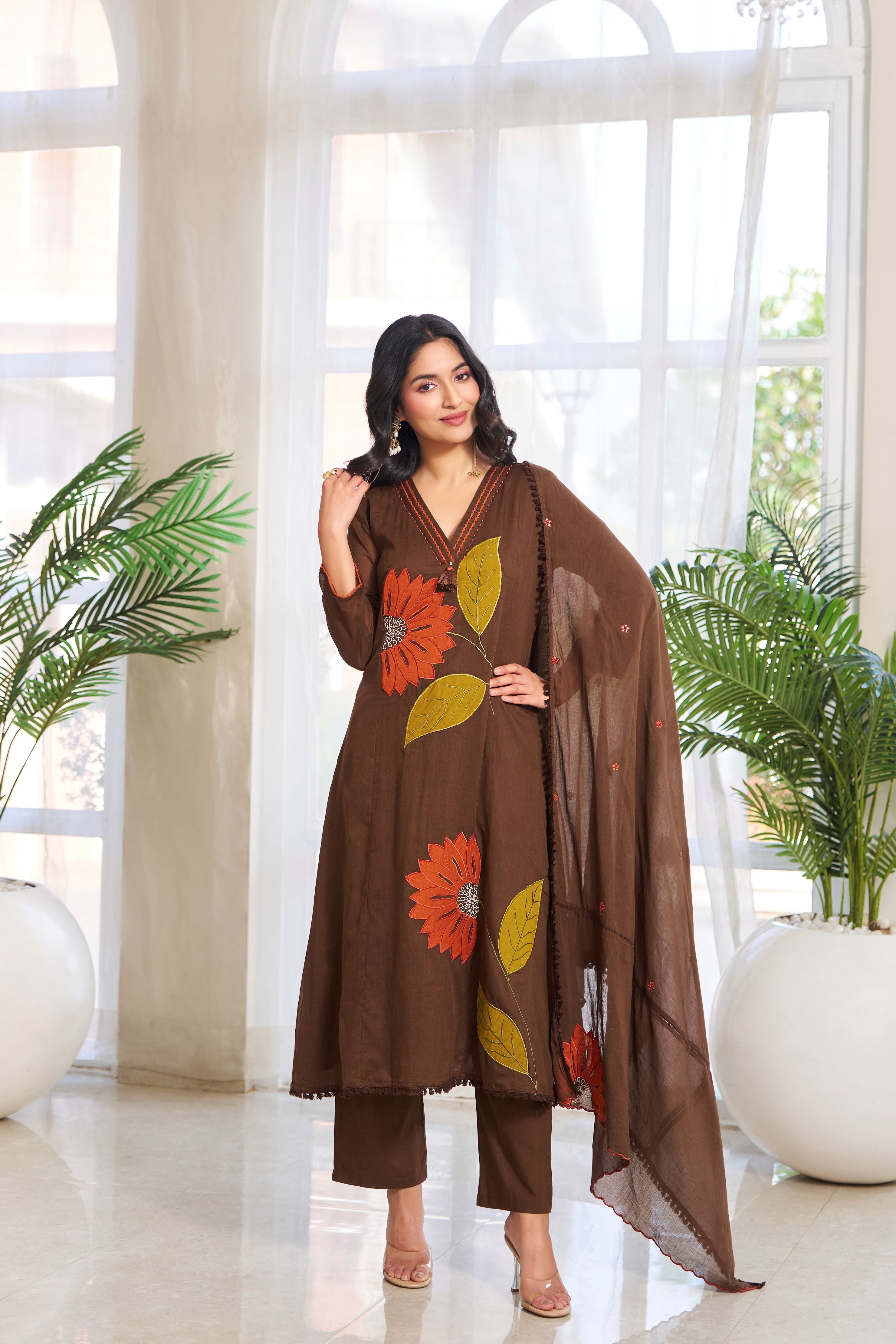 Chocolate Brown Applique Cotton Pant Set