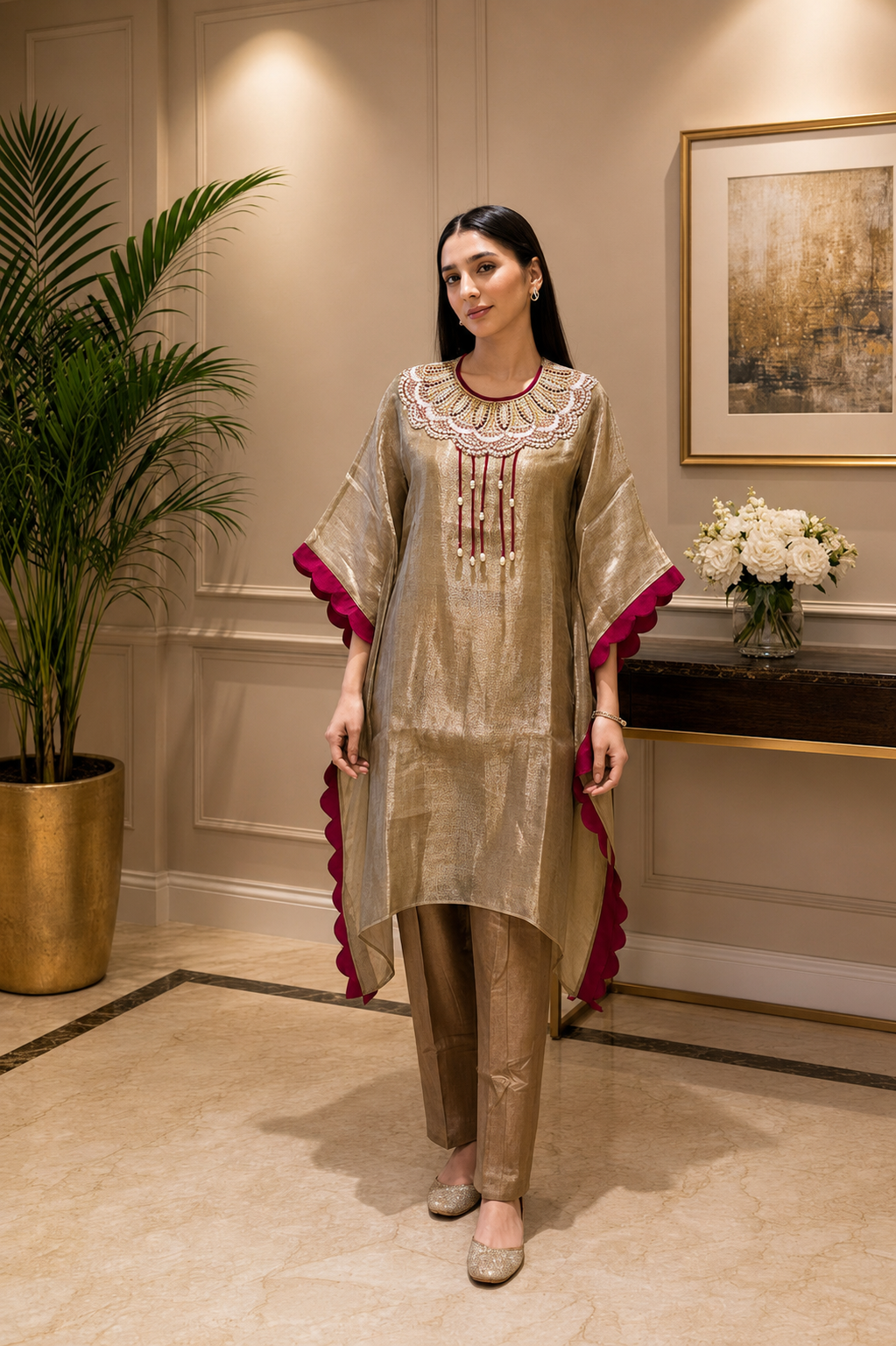 Pink Shine Embellished Shimmer Tissue Silk Kaftan Set