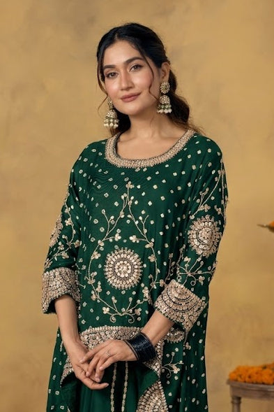 Bottle Green Embellished Satin Silk Skirt Set