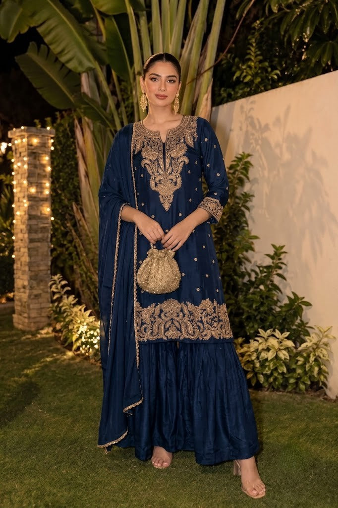 Deep Navy Blue Embellished Chinon Silk Palazzo Set