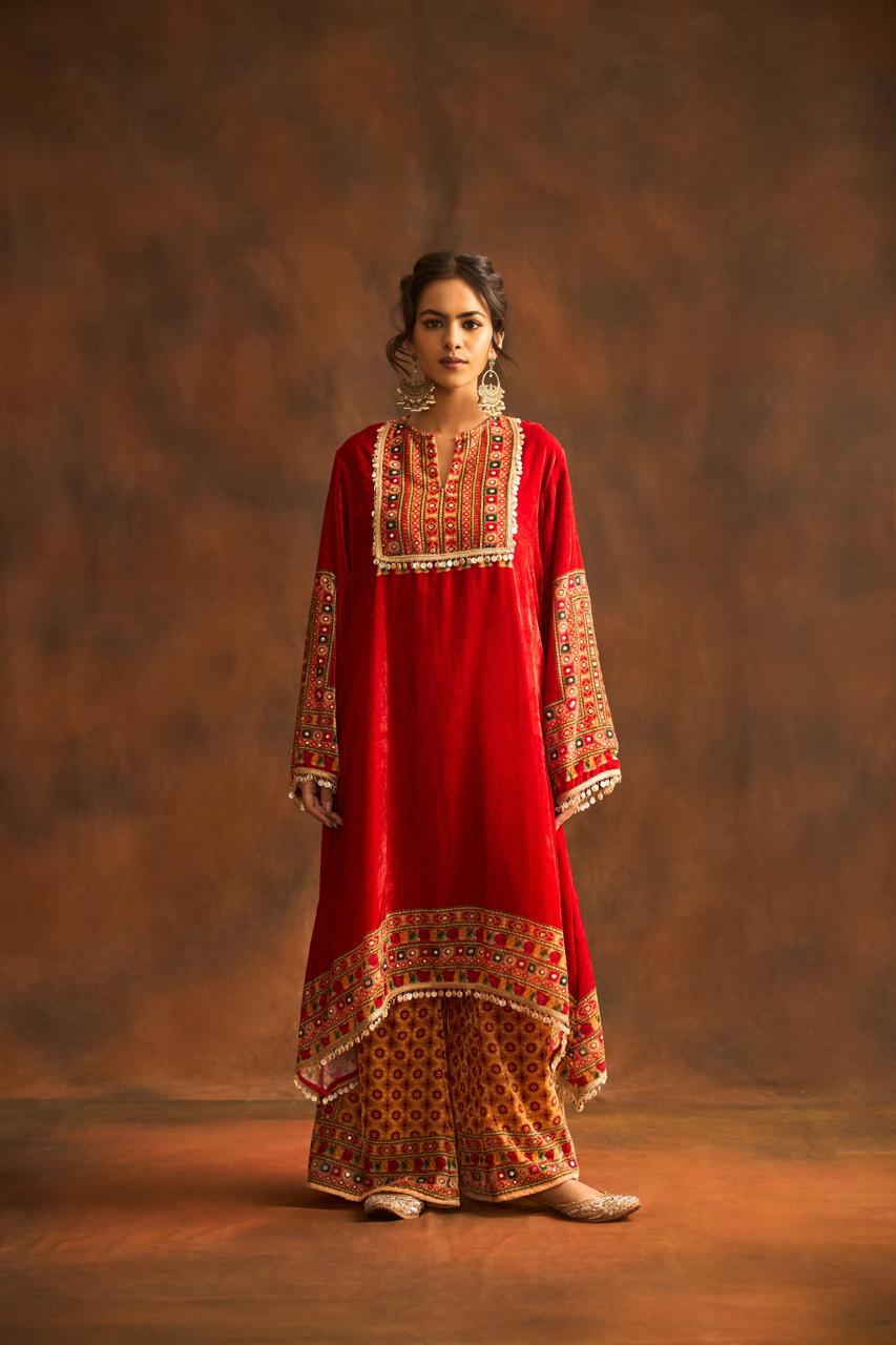 Red Embellished Premium Velvet Silk Kurta Palazzo Set