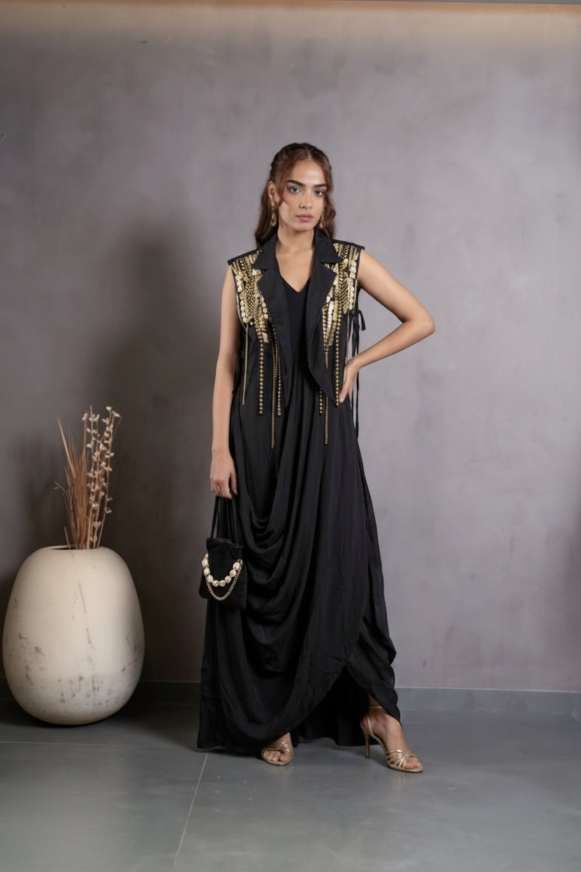 Regal Black Embellished Crepe Satin Silk Gown