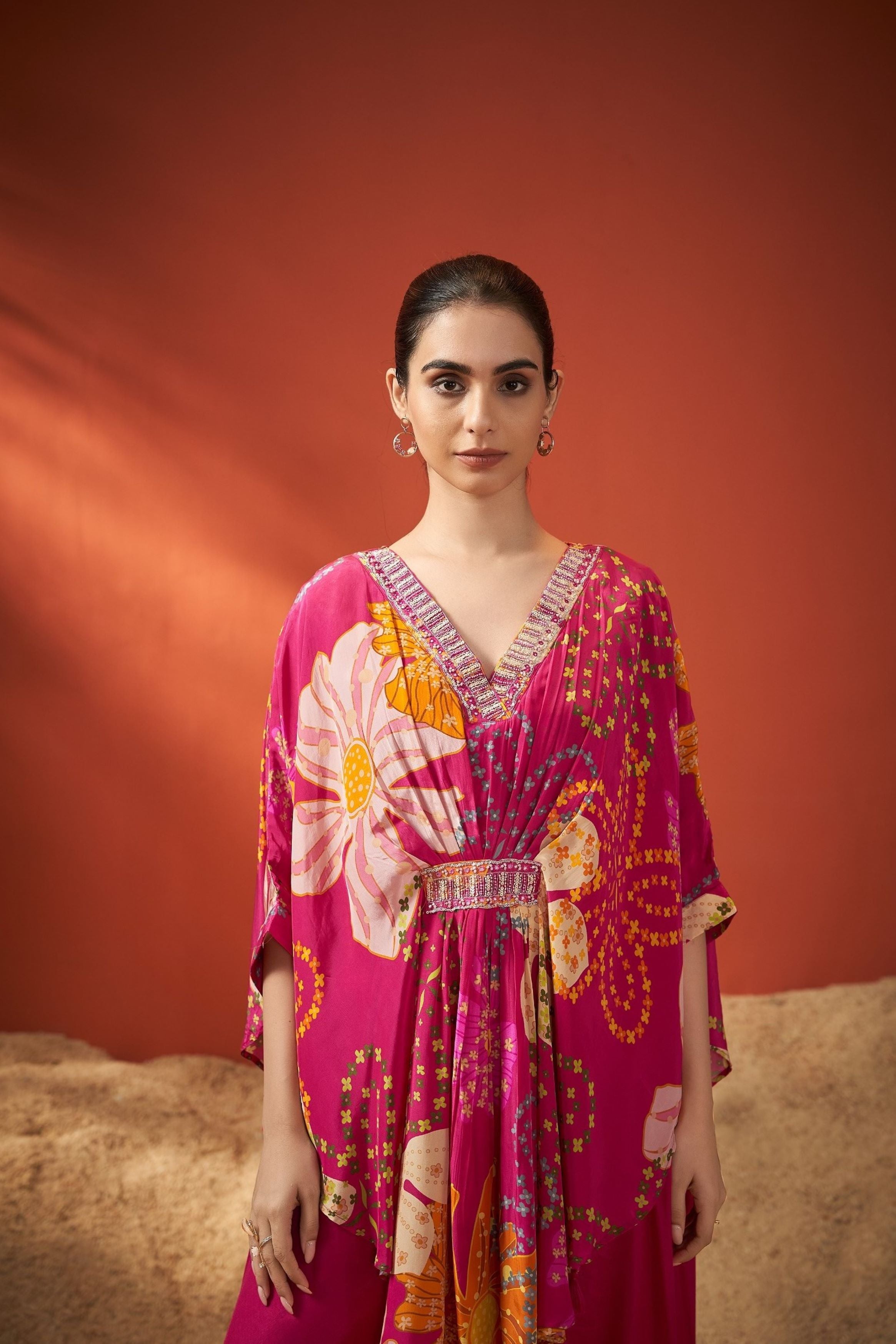 Pink Floral Printed Premium Silk Kaftan Set